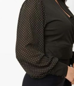 Unique Vintage Black & Gold Pin Dot Giselle Wrap Top Sale