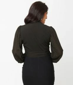 Unique Vintage Black & Gold Pin Dot Giselle Wrap Top Sale