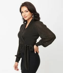 Unique Vintage Black & Gold Pin Dot Giselle Wrap Top Sale