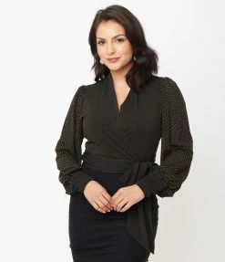 Unique Vintage Black & Gold Pin Dot Giselle Wrap Top Sale