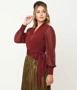Unique Vintage Burgundy & Gold Clip Dot Giselle Wrap Top Sale