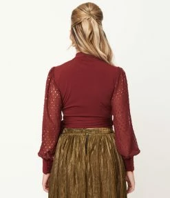 Unique Vintage Burgundy & Gold Clip Dot Giselle Wrap Top Sale