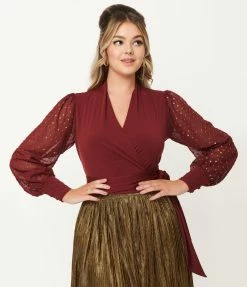 Unique Vintage Burgundy & Gold Clip Dot Giselle Wrap Top Sale