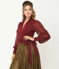Unique Vintage Burgundy & Gold Clip Dot Giselle Wrap Top Sale
