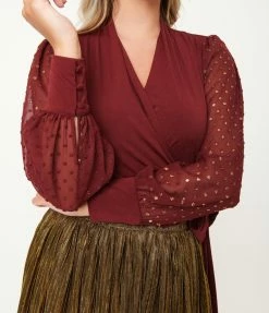 Unique Vintage Burgundy & Gold Clip Dot Giselle Wrap Top Sale