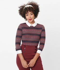 Unique Vintage Navy & Red Winter Fair Isle Sabrina Sweater