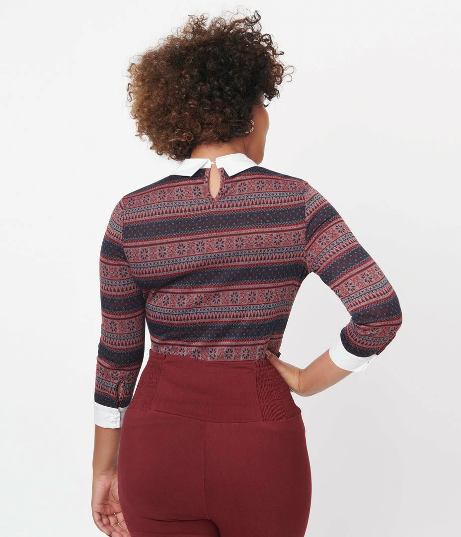 Unique Vintage Navy & Red Winter Fair Isle Sabrina Sweater