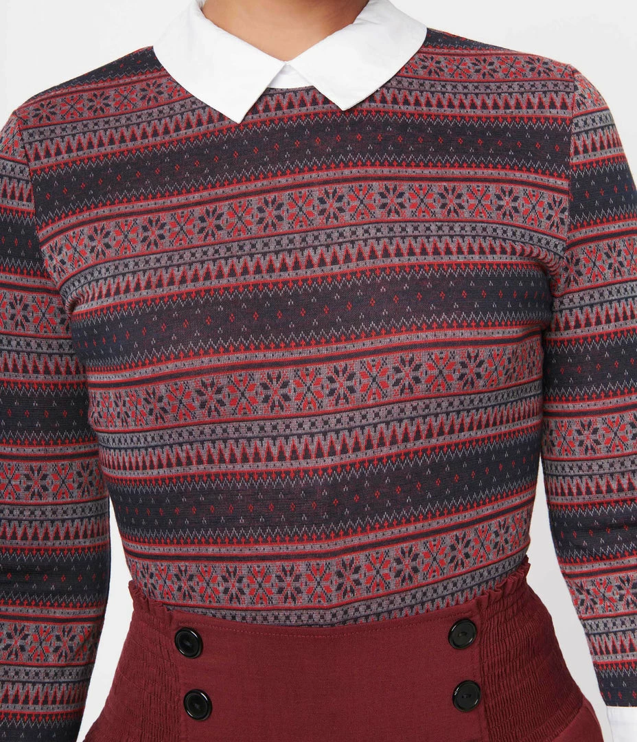 Unique Vintage Navy & Red Winter Fair Isle Sabrina Sweater