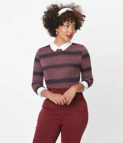 Unique Vintage Navy & Red Winter Fair Isle Sabrina Sweater