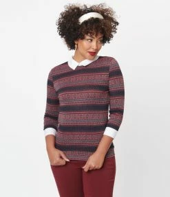 Unique Vintage Navy & Red Winter Fair Isle Sabrina Sweater