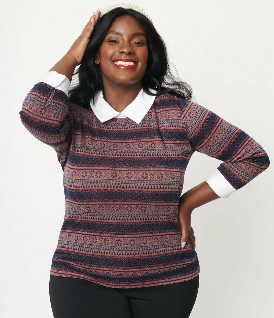 Sale Unique Vintage Plus Size Navy & Red Winter Fair Isle Sabrina Sweater
