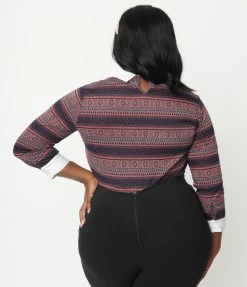 Sale Unique Vintage Plus Size Navy & Red Winter Fair Isle Sabrina Sweater
