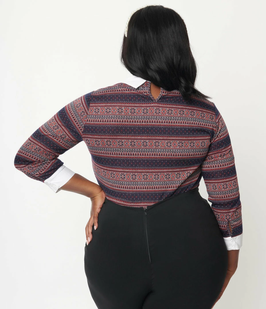Sale Unique Vintage Plus Size Navy & Red Winter Fair Isle Sabrina Sweater