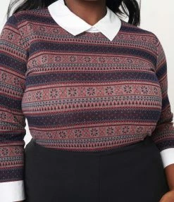Sale Unique Vintage Plus Size Navy & Red Winter Fair Isle Sabrina Sweater