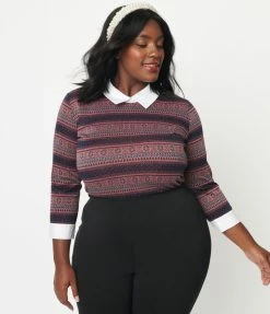 Sale Unique Vintage Plus Size Navy & Red Winter Fair Isle Sabrina Sweater