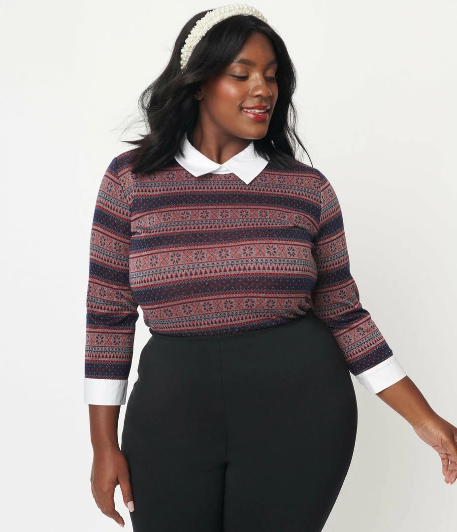 Sale Unique Vintage Plus Size Navy & Red Winter Fair Isle Sabrina Sweater