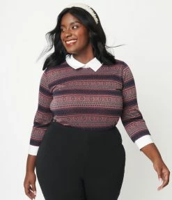 Sale Unique Vintage Plus Size Navy & Red Winter Fair Isle Sabrina Sweater