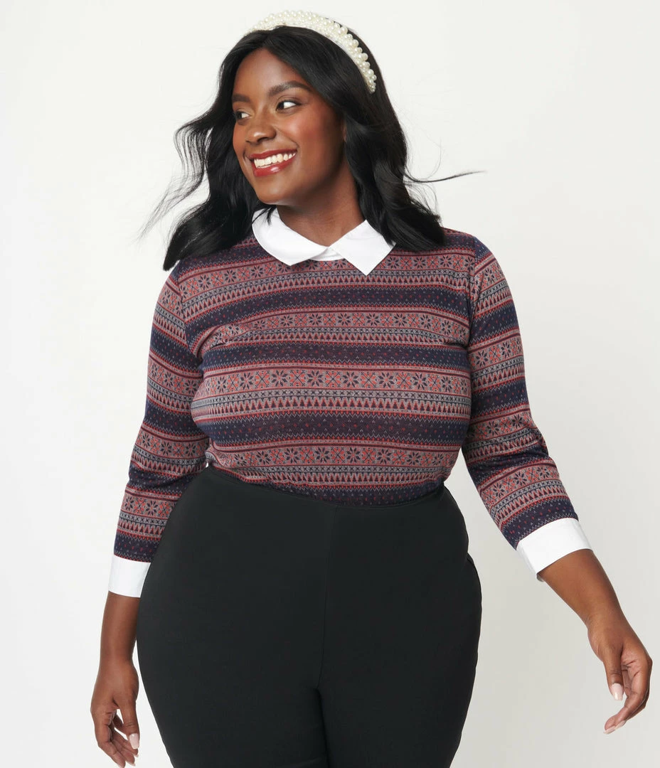 Sale Unique Vintage Plus Size Navy & Red Winter Fair Isle Sabrina Sweater