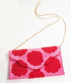 Ricki Designs Pink & Red Floral Rose Beaded Envelope Clutch Guest Attire