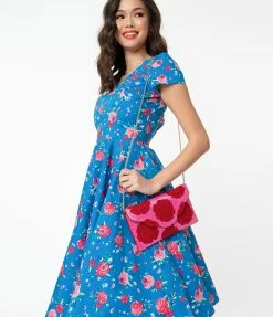 Ricki Designs Pink & Red Floral Rose Beaded Envelope Clutch Guest Attire