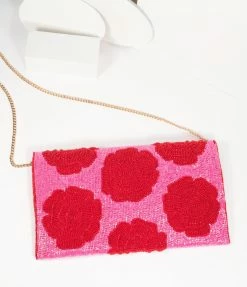 Ricki Designs Pink & Red Floral Rose Beaded Envelope Clutch Guest Attire
