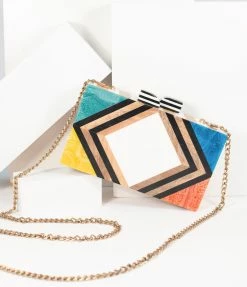 Ricki Designs Accessories 1960s Style Rainbow Chevron Wood & Resin Hard Clutch