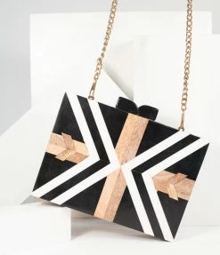 Ricki Designs Retro Style Black & White Chevron Wood & Resin Hard Clutch Accessories