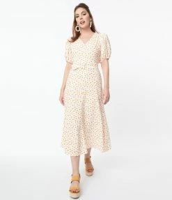 SHEEN Clothing Ltd Sale Off White & Orange Polka Dot Catherine Maxi Dress