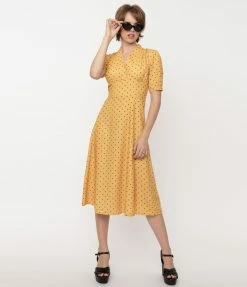 SHEEN Clothing Ltd Mustard & Navy Polka Dot Tia Swing Dress Sale