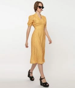 SHEEN Clothing Ltd Mustard & Navy Polka Dot Tia Swing Dress Sale