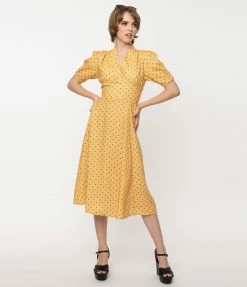 SHEEN Clothing Ltd Mustard & Navy Polka Dot Tia Swing Dress Sale