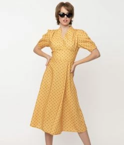 SHEEN Clothing Ltd Mustard & Navy Polka Dot Tia Swing Dress Sale