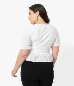 SHEEN Clothing Ltd Plus Size White Eyelet Peplum Jolene Blouse Sale