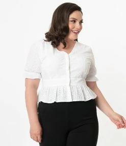 SHEEN Clothing Ltd Plus Size White Eyelet Peplum Jolene Blouse Sale