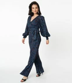 Sale Unique Vintage Midnight Blue Abstract Print Clayton Jumpsuit