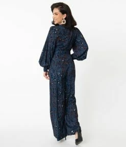 Sale Unique Vintage Midnight Blue Abstract Print Clayton Jumpsuit