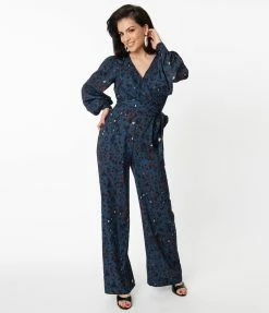Sale Unique Vintage Midnight Blue Abstract Print Clayton Jumpsuit