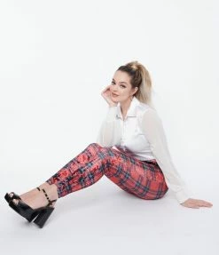 Unique Vintage Red & Black Plaid Velvet Madison Pants Sale