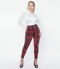 Unique Vintage Red & Black Plaid Velvet Madison Pants Sale