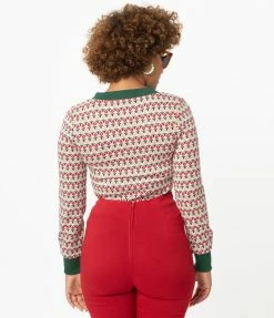 Unique Vintage Beige & Red Tulip Sterling Sweater