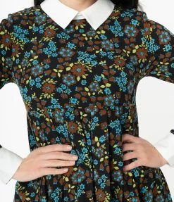 Unique Vintage Blue & Brown Retro Florals Peggy Babydoll Dress Sale