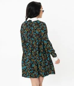 Unique Vintage Blue & Brown Retro Florals Peggy Babydoll Dress Sale