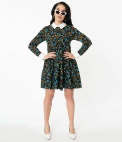 Unique Vintage Blue & Brown Retro Florals Peggy Babydoll Dress Sale