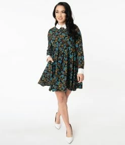 Unique Vintage Blue & Brown Retro Florals Peggy Babydoll Dress Sale