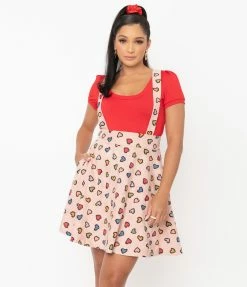 Sale Unique Vintage Pink & Multicolor Hearts Suspender Ruth Flare Skirt