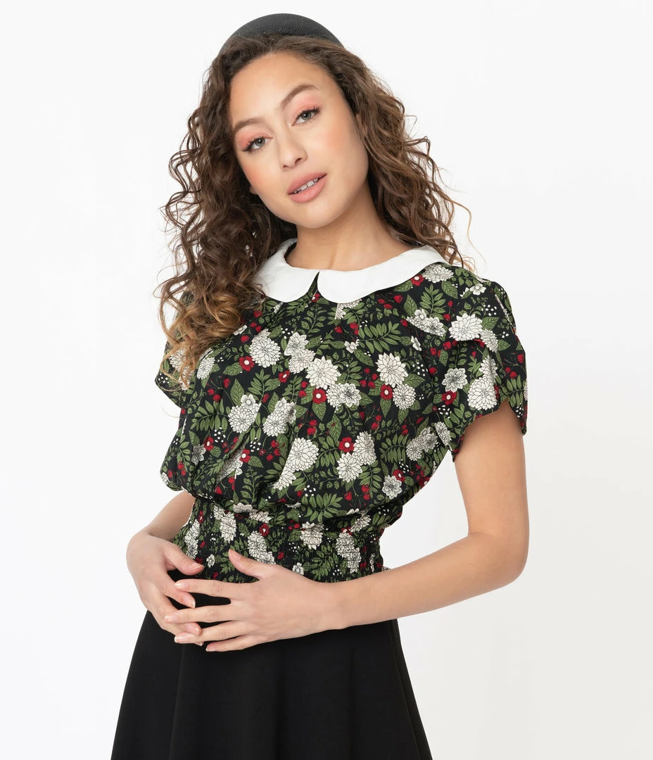 Smak Parlour Black & White Chrysanthemum Writers Block Crop Blouse