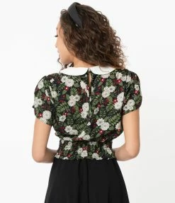 Smak Parlour Black & White Chrysanthemum Writers Block Crop Blouse