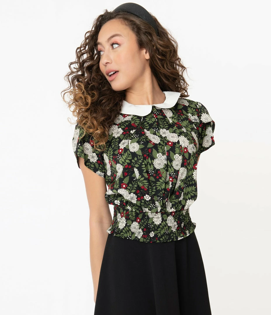 Smak Parlour Black & White Chrysanthemum Writers Block Crop Blouse