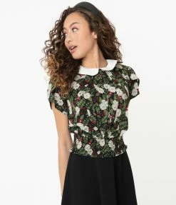 Smak Parlour Black & White Chrysanthemum Writers Block Crop Blouse