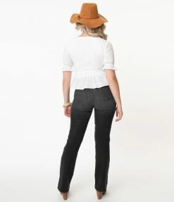 Sneak Peek Black Denim Button High Waisted Bootcut Jeans Sale